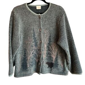 Artisan Green Woodland Cardigan Bear Tree Motif Cottagecore Sweater L